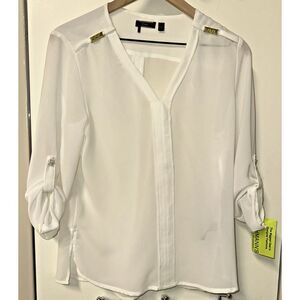 Dex Women Size‎ Small Button Roll Up Sleeve V-neck Blouse Gold Accent Hardware